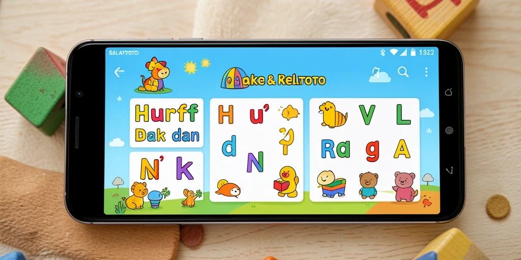 Tampilan interaktif aplikasi BALAITOTO untuk belajar huruf dan angka.