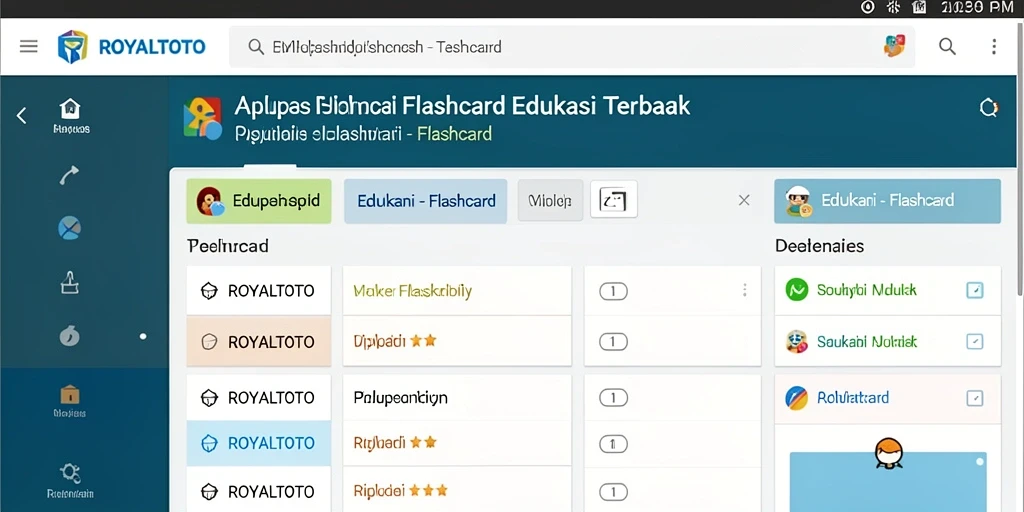 Screenshot antarmuka aplikasi ROYALTOTO yang menampilkan flashcard interaktif.
